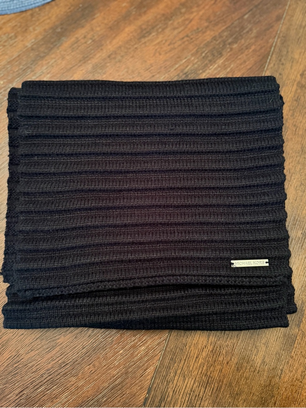 Michael Kors Black Ribbed Knit Scarf Silver Logo Plaque